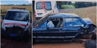 Ambulância e Voyage colidem na rodovia entre Pato Bragado e Marechal Rondon