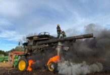Colheitadeira pega fogo no interior de Marechal Rondon