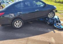 Colisão entre moto e carro deixa homem ferido em cruzamento de Marechal Cândido Rondon