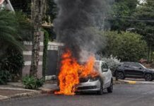 Carro é destruído por incêndio após ação criminosa em rua residencial de Toledo