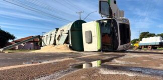 Caminhão carregado com ração tomba e interdita a PR-495 no distrito de Moreninha, em Santa Helena