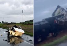 Cinco pessoas morrem em grave acidente entre carro e caminhão na BR-470, em Campos Novos, oeste de SC