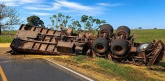 Carreta sai da pista, derruba poste e atinge árvores na PR-496 em Terra Roxa